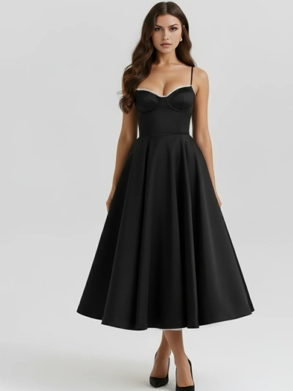 Almond Muse Elegant Black Fit-and-Flare Midi Dress with Sweetheart Neckline